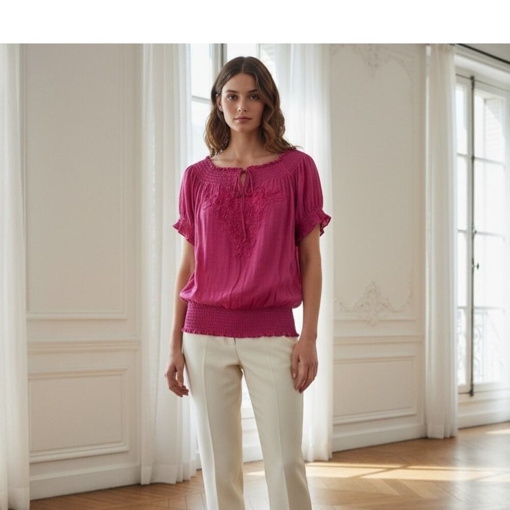 Dressbarn Pink Embroidered Peasant Cottagecore Top 1X